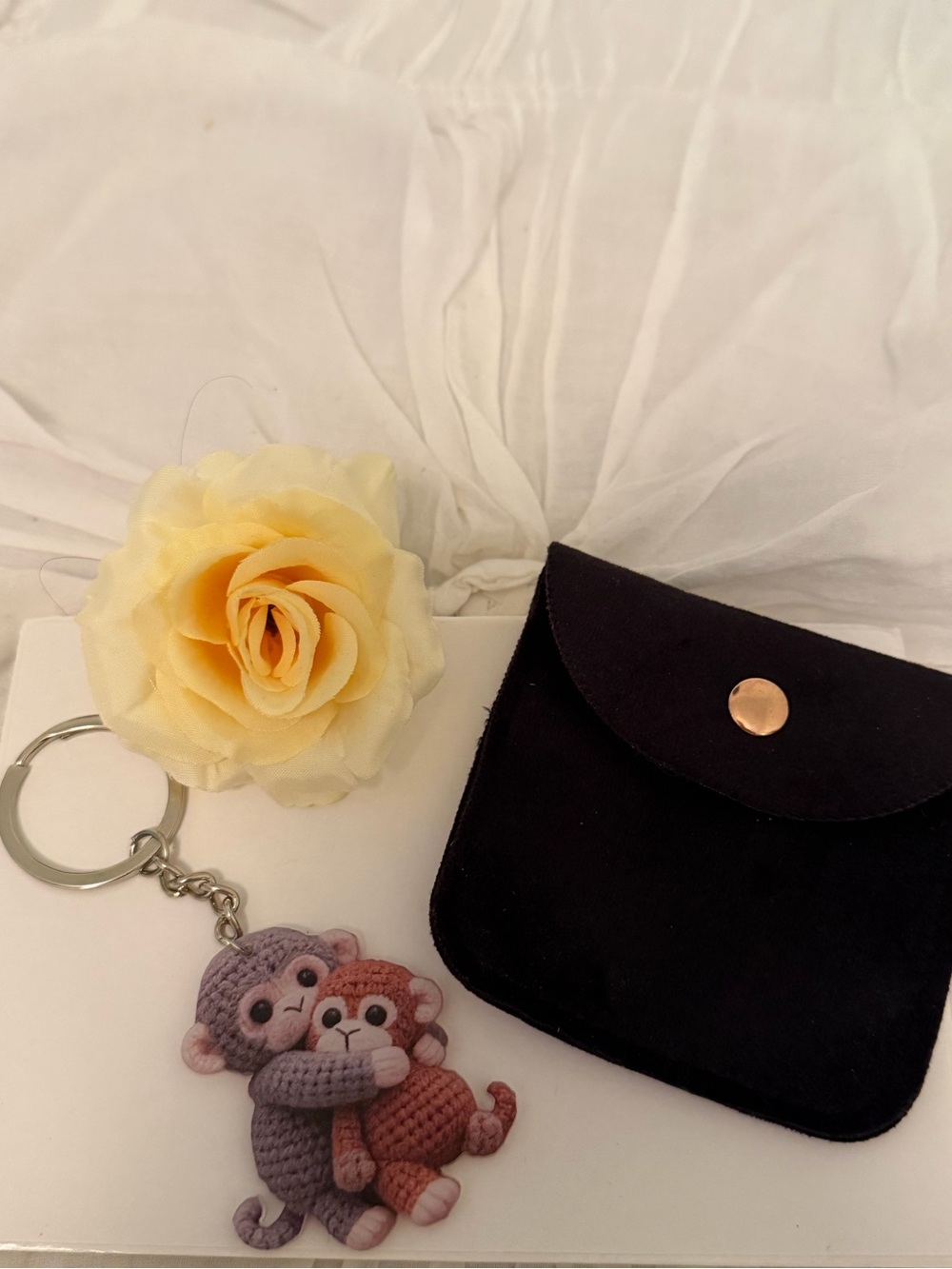 Acrylic Crochet Monkey Punch Keychain with Black Suede  Pouch.  NOT 3D. NEW